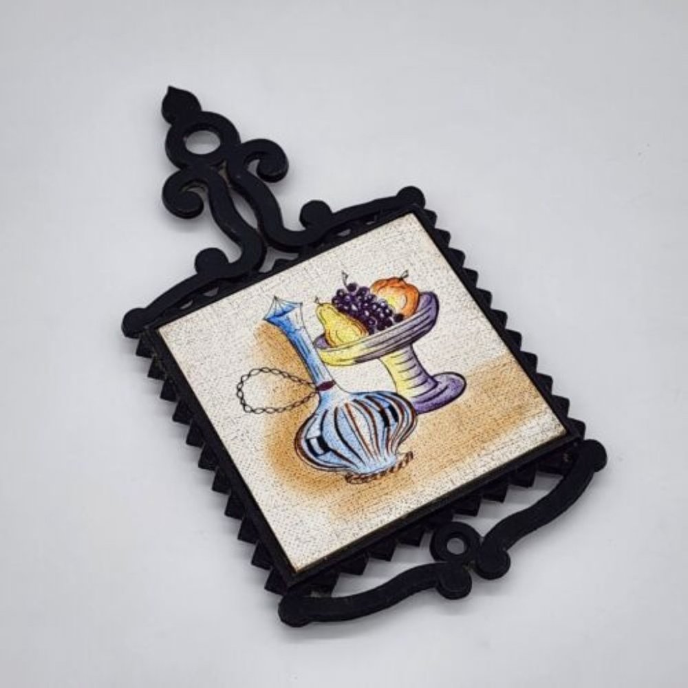 Vintage Enesco Cast Iron Trivet with Tile Insert Japan